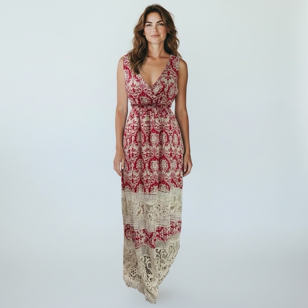Sunday in Brooklyn Women's M Sleeveless‎ Tiered Crochet Lace Maxi Dress Red EUC